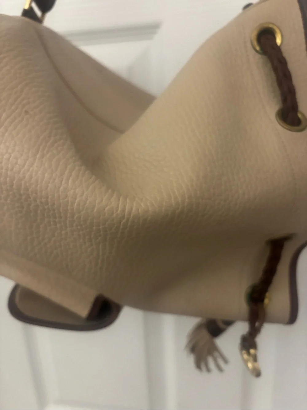 Dooney & Bourke Beige and Brown Leather Drawstring Bucket Backpack